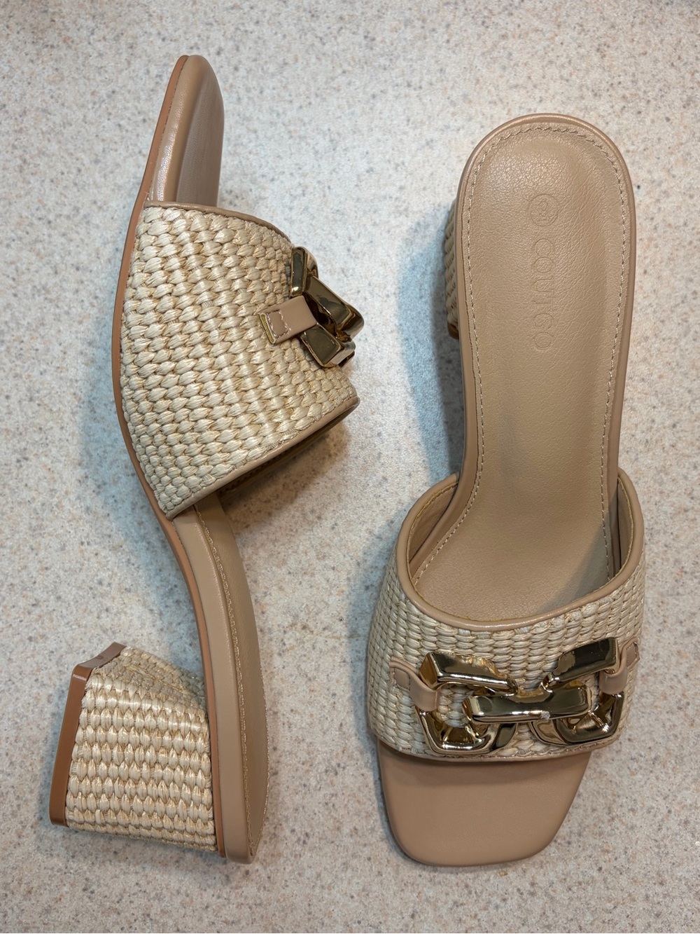 Woven Raffia Block Heel Mules with Gold Chain - Beige